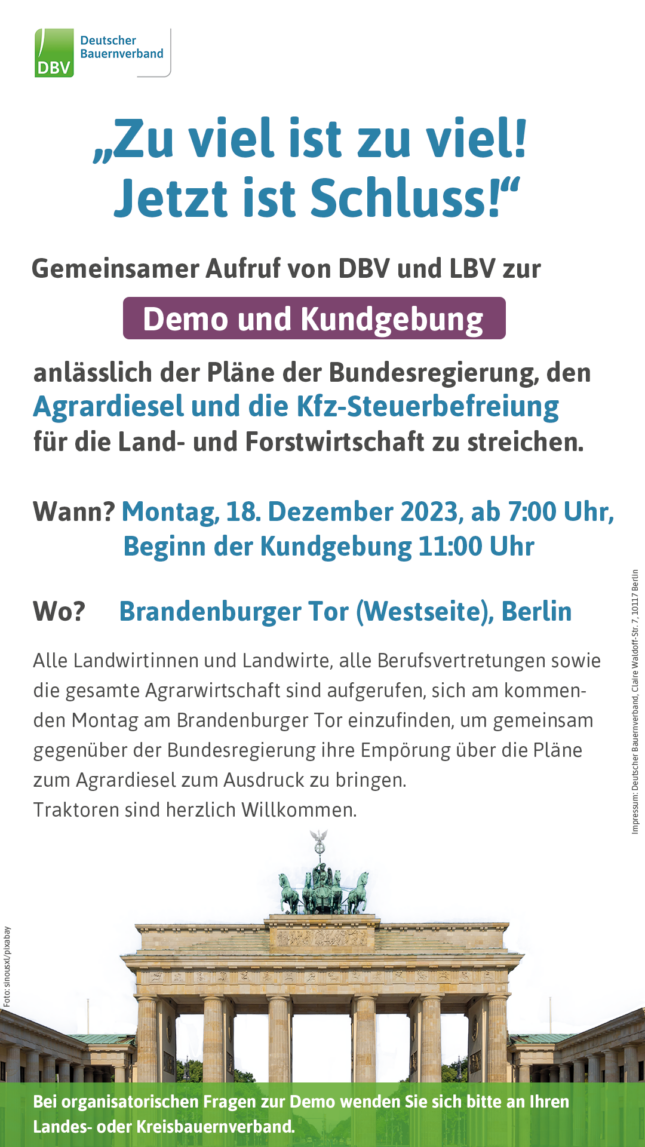 18.12.2023 um 11.00 – Brandenburger Tor – Bauerndemo in Berlin